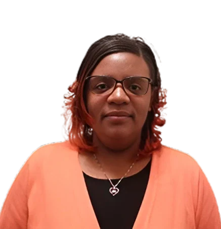 A woman with glasses and a peach-colored top against a transparent background.