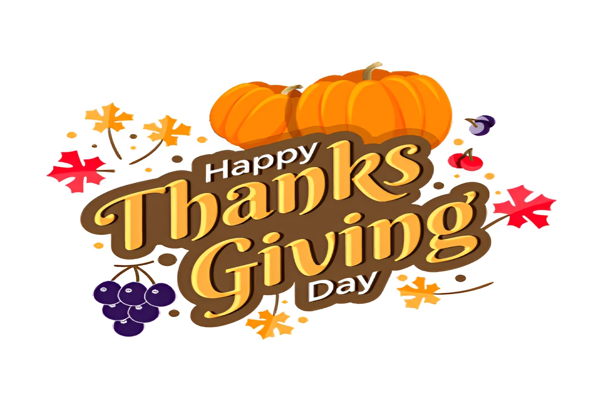 Festive Happy Thanksgiving Day greeting with pumpkin and autumn leaves.