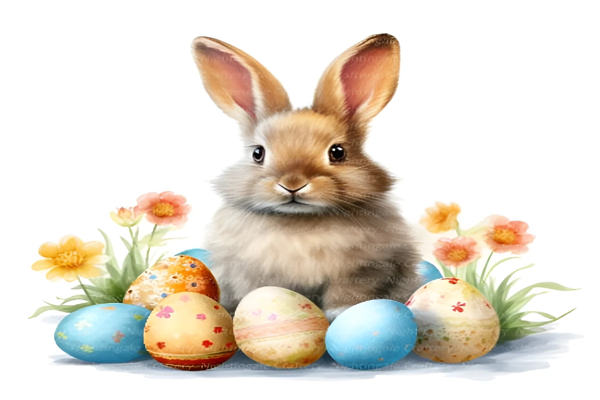A fluffy bunny surrounded by colorful Easter eggs and flowers.