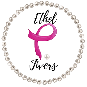 Pink ribbon breast cancer awareness logo with decorative text.