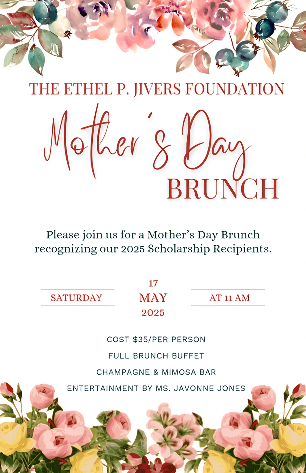 Invitation for Mother's Day Brunch honoring 2023 Scholarship Recipients on May 14 at 11 AM.