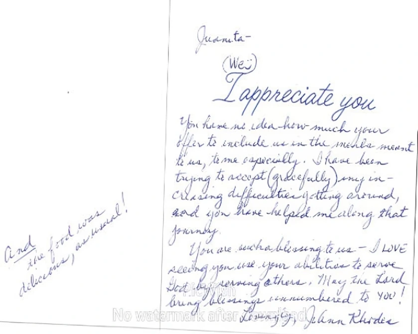 Handwritten appreciation note with a personal message.