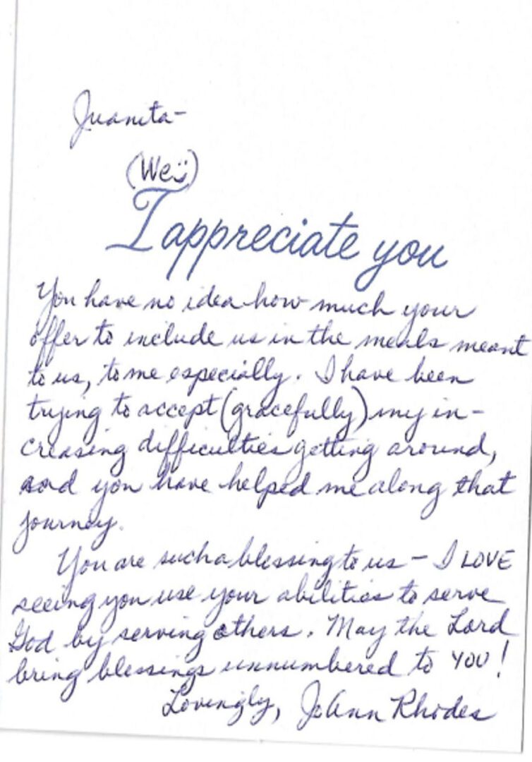 Handwritten note expressing appreciation and gratitude.