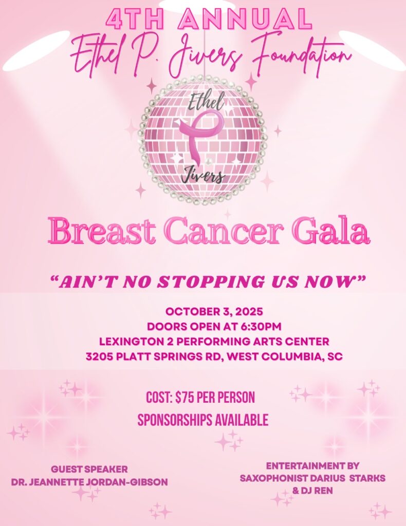 Flyer for a Breast Cancer Gala event with details and pink ribbon logo.