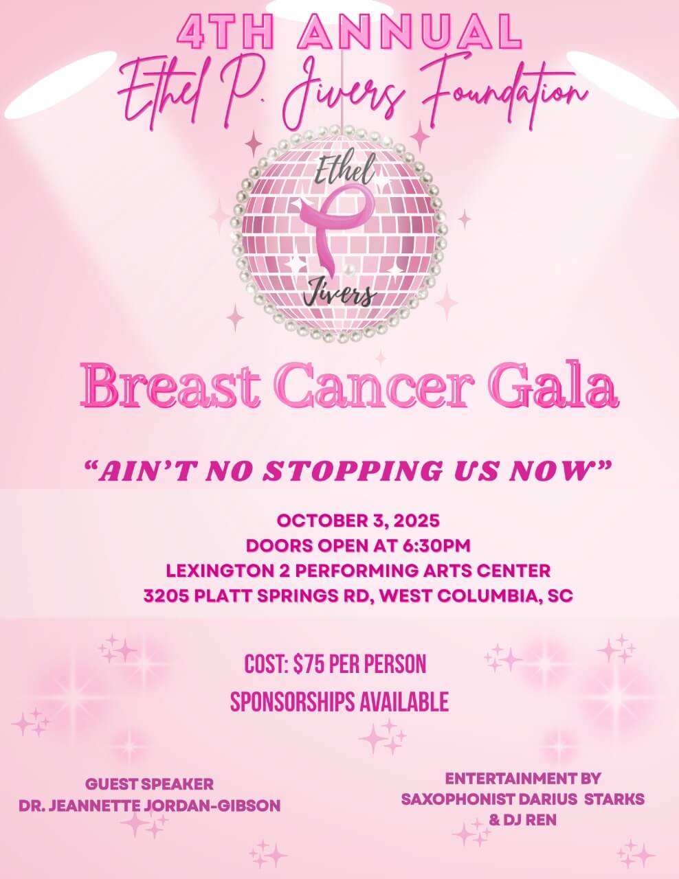Flyer for a Breast Cancer Gala event with details and pink ribbon logo.