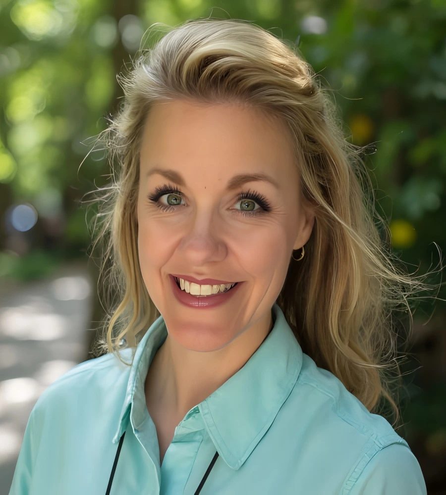 Smiling woman outdoors with blonde hair and turquoise shirt.