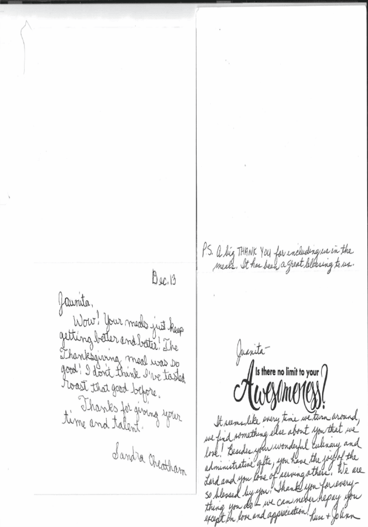 Handwritten thank you notes and messages.