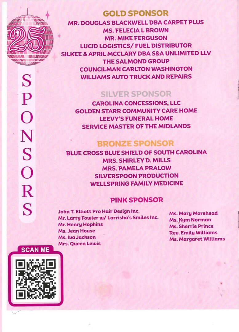 Sponsors list with QR code and categories.
